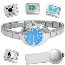 Pulsera reloj italiano ovalado azul más herramienta de dijes y dijes de esmalte