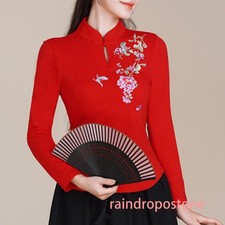 Nuevas camisetas bordadas estilo chino informales de manga larga calce ajustado para mujer