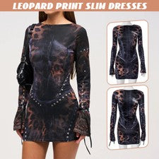 Moda Vestido Falda Corta Estampado Leopardo Ajustado Manga Larga Paquete Cadera Mujeres