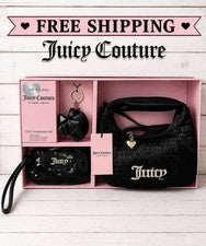 JUICY COUTURE 3 PIEZAS. Bolso Hobo Lentejuelas, Mini Muñequera y Espejo Llavero ¡Juego de Regalo!