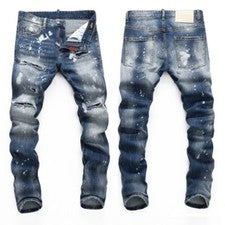 Pantalones de mezclilla para hombre estilo Wasteland parche rasgado elástico calce ajustado azul desgastado