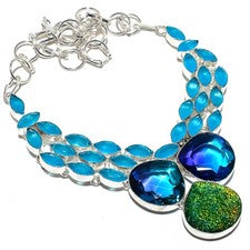 Collar de joyería hecho a mano triplete de ópalo de fuego, piedras preciosas de calcedonia 18"
