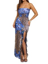 "Mujer Maxi Vestido Estampado Floral, Sin Tirantes, Entallado, Tejido Malla, 2699"