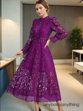 Vestido de fiesta de noche acampanado manga abullonada recorte encaje cuello falso moda para mujer