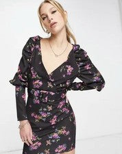 Vestido tejido floral oscuro con cinturón y mangas victorianas pequeño de ASOS para mujer