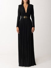Moda Vestido de fiesta de noche con cuello en V manga larga plisado alto dividido vestido de banquete