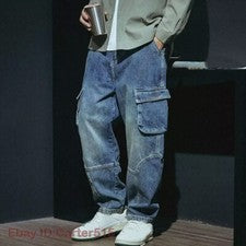Moda Para Hombres Pantalones de Carga de Denim Sueltos Jeans Mono Bolsillos Trabajo Informal Pantalones