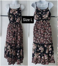 Vestido de verano de moda para mujer negro floral sin mangas largo talla L nuevo