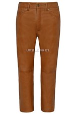 PANTALONES VAQUEROS DE MOTOCICLETA ESTILO MOTOCICLISTA CUERO NAPA SUAVE GENUINO TOSTADO PARA HOMBRES