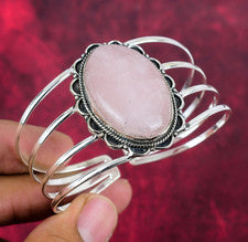 Brazalete ajustable de plata de ley 925 hecho a mano con piedras preciosas de cuarzo rosa joyería