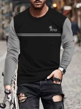 Camiseta Hombre Moda Negro Gris REY Color Bloque Manga Larga Ropa Calle Camiseta