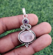 Hermoso colgante elegante de plata de ley 925 maciza con piedras preciosas de cuarzo rosa SK2044