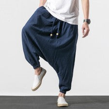 Pantalones de entrepierna baja de algodón de lino estilo chino para hombre Pantalones étnicos informales