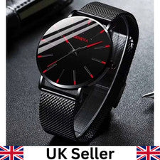 Reloj de pulsera para hombre negro y rojo con correa de malla reloj de cuarzo para hombre
