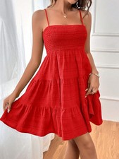Mini Vestido Para Mujer Rojo Correa de Espagueti Calado Verano Volantes Ropa Informal M