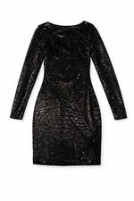 Vestido ceñido al cuerpo manga larga lentejuelas negro O. Vianca para mujer pequeño espalda abierta