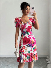 Vestido para mujer Elenzga de moda elegante romántico estampado floral cuello cuadrado