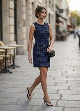 Vestido de tweed para mujer totalmente forrado interior espalda cremallera nuevo con etiqueta azul marino negro com