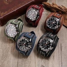 NUEVO Reloj Ancho Cuero Puño Pulsera Marrón Correa Negra Punk Retro Cuarzo Para Hombres