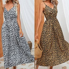 Verano Mujer Ropa Moda Estampado Vestido Eslinga Leopardo Estampado Leopardo