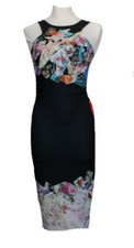 VESTIDO ELEGANTE SIN MANGAS NEGRO FLORES INSERCIONES ARRIBA ABAJO REALZADO FIGURA ASOS 36