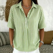 Verano Moda Mujeres Camisas Cortas a Rayas Cuello Botón Prendas para el torso Damas Camisetas