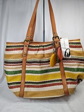 Bolso de Mano Nine West para Mujer Clara Rayas Paja Nuevo con Etiquetas Dije de Cuentas de Madera Marrón Amarillo