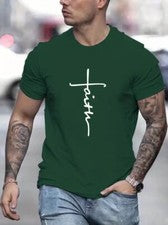 Camiseta hombre azul verdoso cruz cristiana moda sólida camisetas de manga corta