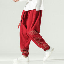 Pantalones florales estilo chino retro para hombre pantalones bordados de algodón lino cónicos