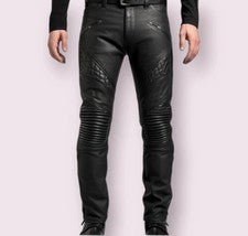 Pantalón de cuero negro de piel de cordero real para hombre estilo motociclista acolchado y calce ajustado