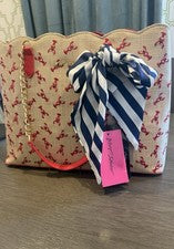 BOLSO DE MANO BETSY JOHNSON ESTAMPADO LANGOSTA BRONCEADO NUEVO CON ETIQUETAS