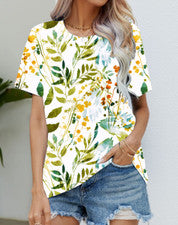 Blusa Camiseta Mujer Amarillo Verde Rojo Flor Moda Manga Corta Suave Sedosa Tee