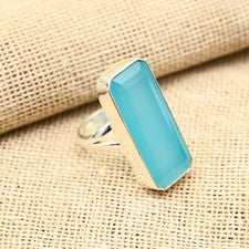 Anillo de plata de ley 925 hecho a mano con piedras preciosas de calcedonia azul joyería