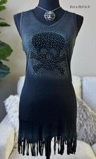 Nuevo VOCAL Mujer CRISTAL NEGRO MOTOCICLISTA CALAVERA HUESOS CRUZADOS FLECOS CAMISETA SIN MANGAS S M L XL