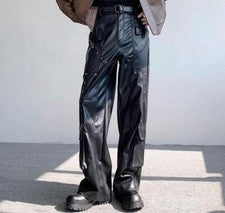 Pantalones de moda retro punk gótico remache imitación cuero para hombre Pantalones de fiesta para jóvenes