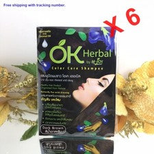 6 x Champú Ok Herbal Color Cabello Marrón Oscuro Hierba Natural Mariposa Guisante y Jengibre