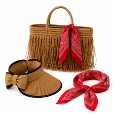Conjunto de playa de 3 piezas para mujer - Bolso de mano de paja, sombrero parasol y bufanda de moda