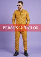 Conjunto de pantalones de mezclilla estilo pantalones y camisa de cuero mostaza 100 % piel de cordero para hombre con bo