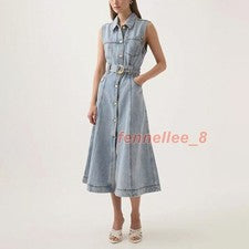 Mujeres Moda Vestido Solapa Sin Mangas Cinturón Línea A Maxi Vestido con Botones Nuevo