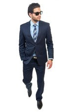 Traje ajustado 2 botones liso azul marino solapa de muesca pantalones delanteros planos de AZAR MAN