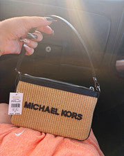 Michael Kors Jet Set Viaje Pequeño Convertible Cremallera Tejido Bolsa Muñequera Beige