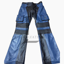 Pantalones de moto de cuero de cordero azul y negro para hombre bolsillo de carga estilo acampanado