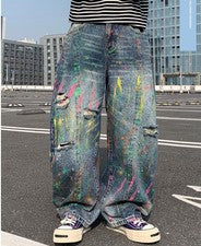 Pantalones de mezclilla para hombre azules pierna recta calce suelto rasgado estampado punk moda