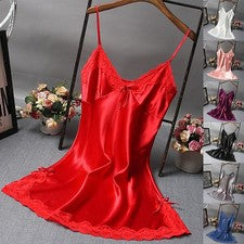 Moda Nuevo Mujer Ropa de dormir Mujer Cambiador Vestido Satén Suave Sexy Encaje