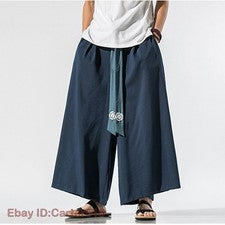 Hombres Pantalones Informales Harén Pantalones Hanfu Pierna Ancha Recto con Cinturón Étnico Moda