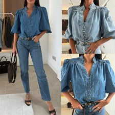 Camisa vaquera para mujer primavera otoño - cuello en V manga linterna moda