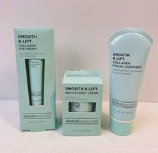 Global Beauty Care Smooth & Lift 3 piezas. Juego NUEVO Limpiador Facial, Crema Cuello y Ojos