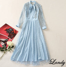 Vestido Bufanda Cuello Mangas Largas Flor Azul Malla Mujer Elegante Vestido Lunares