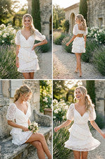 Mini vestido de verano de manga corta con encaje floral y diamante recortado en la espalda para mujer