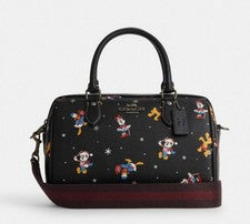 Bolso Rowan de mujer Coach Disney nuevo con etiquetas en lona estampado navideño de Mickey Mouse